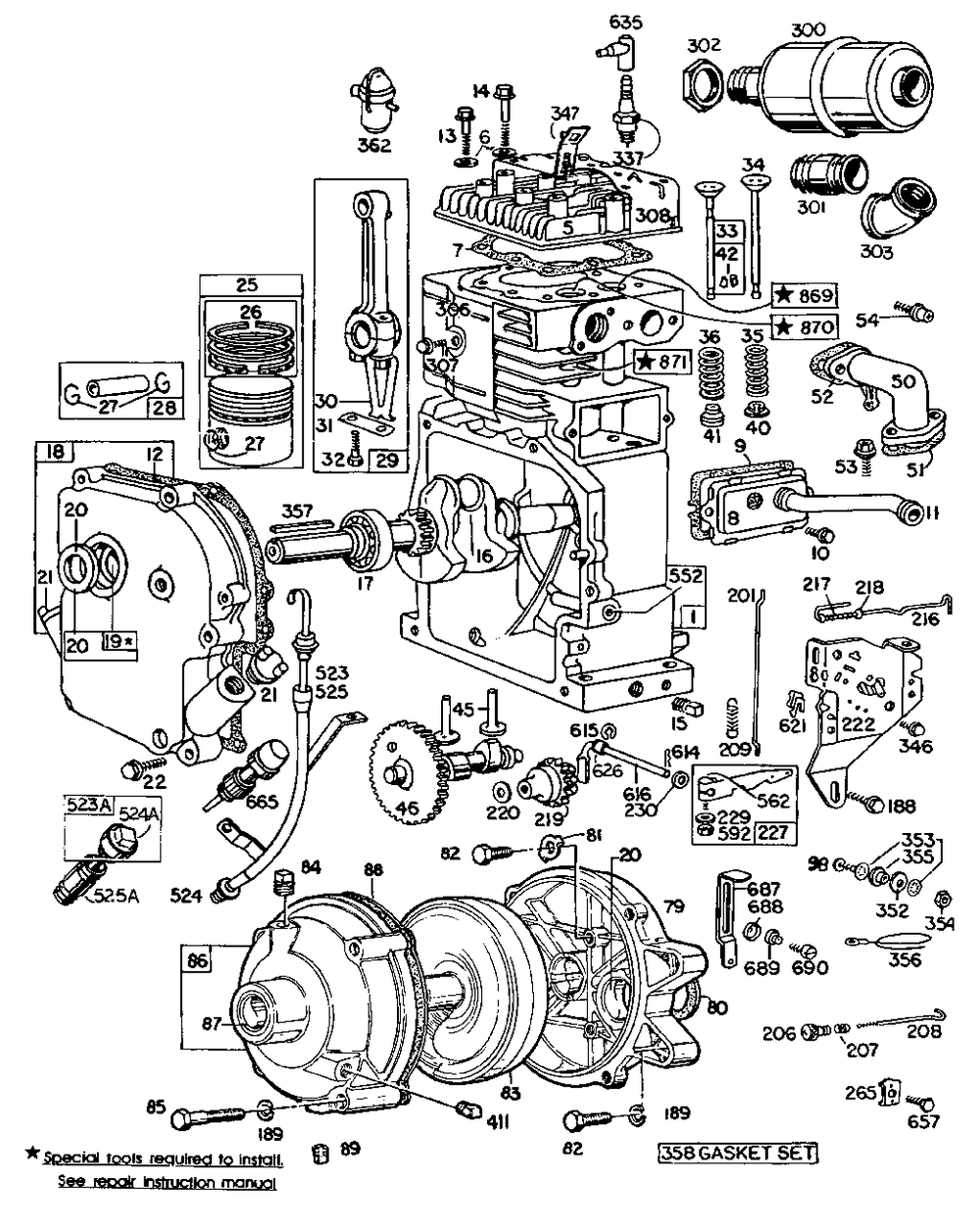 Cyl,crankcase,piston,gearcase Diagram and Parts List for 170402-0252-XX  Briggs and Stratton Engine